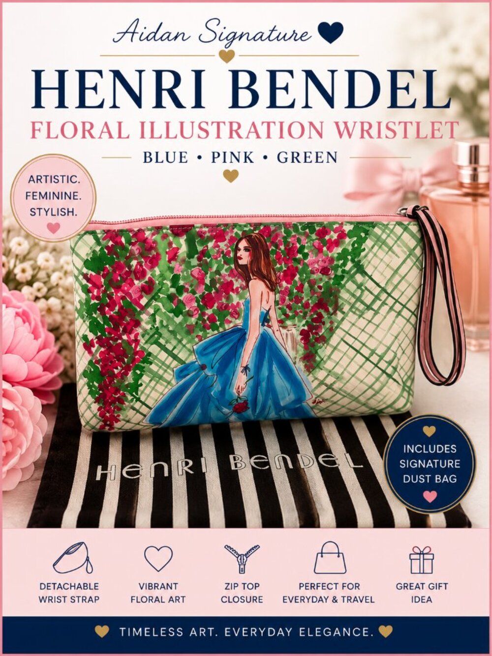 Henri Bendel Floral Illustration Wristlet Clutch Pink Blue Garden Zip Pouch w/ D